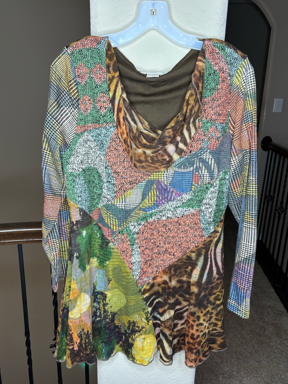 Feratelli Mixed Print Long Sleeve Top Size L Eclectic Boho Artsy Fall Quirky